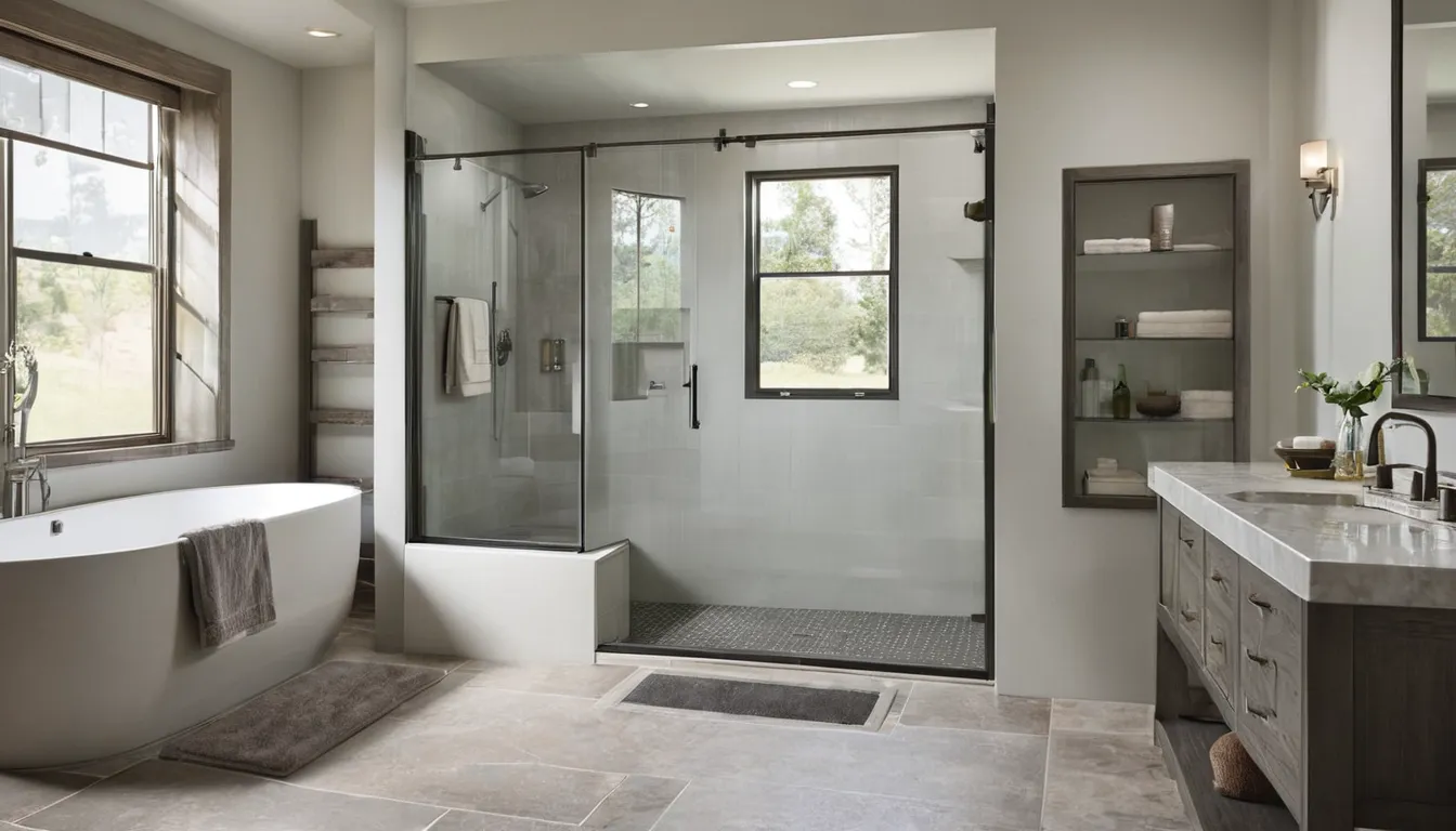 A bright, newly converted walk-in shower with a low threshold and grab bar in a DISH home