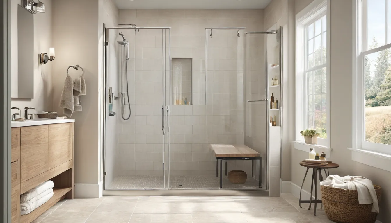 Bright, modern walk-in shower with a low entry, bench and grab bar in a DISH home